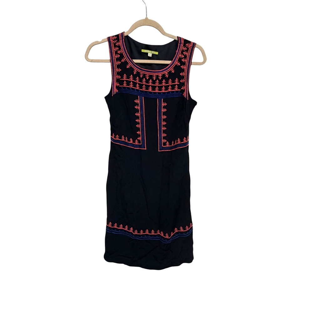 Gianni Bini Embroidered Shift Dress Small Black Coral Blue Boho Sleeveless